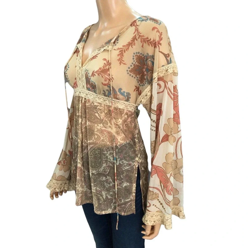 Y2K Express Peasant Top Bell Sleeve Retro Floral Print Hippie Mesh - Picture 2 of 6